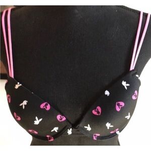 NWOT PLAYBOY BUNNY Black and Pink Heart Icons Padded Underwire Bra
